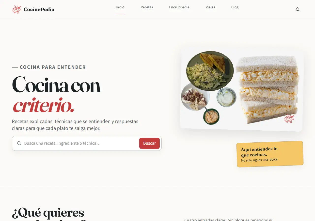 Portada de Cocinopedia con buscador de recetas y los cuatro tipos de contenido en la navegación