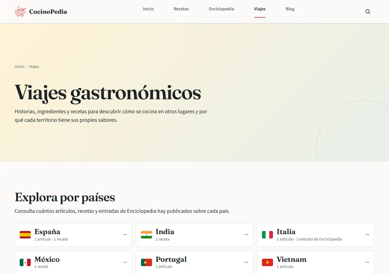 Sección de viajes gastronómicos de Cocinopedia con artículos de Portugal, Nápoles y Casas de los Pinos